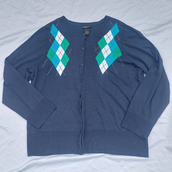 Lane Bryant Navy Blue Cardigan Sweater Size 18/20 3X Argyle Print Button Front - Picture 1 of 6